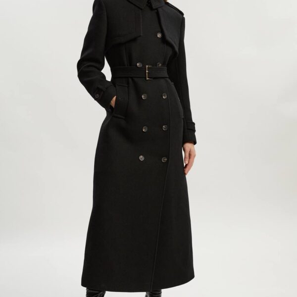 Karen Millen Women's Wool Pu Mix Tailored Belted Trench Maxi Coat in Black | Size: 14