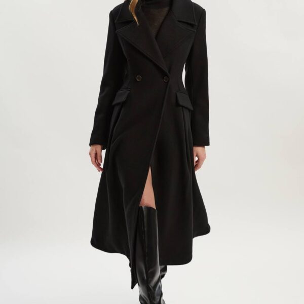 Karen Millen Women's Wool Tailored Flared Skirt Midi Coat in Black | Size: 12