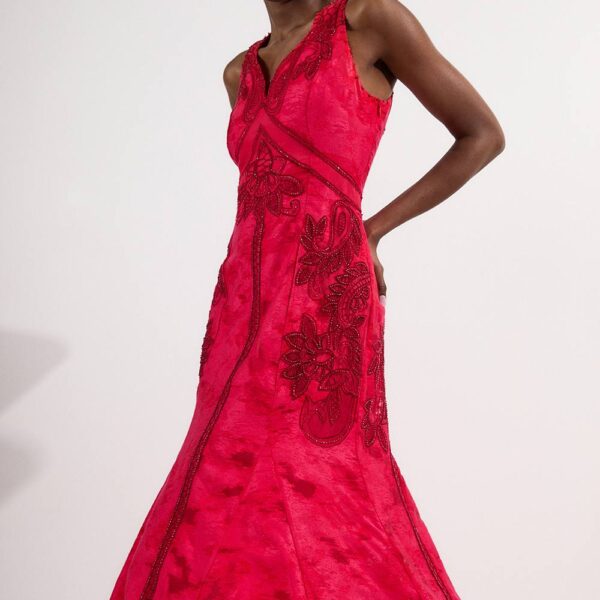 Karen Millen Women's Burnout Embellished & Beaded Open Back Woven Maxi Dress in Fuchsia | Size: 6