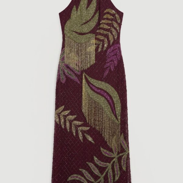 Karen Millen Women's Tropical Beaded Strappy Back Woven Halter Maxi Dress in Purple | Size: 14
