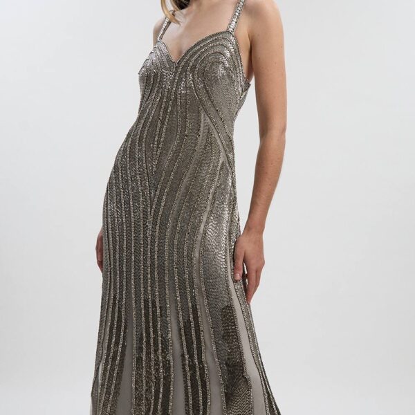 Karen Millen Women's Beaded Contour Sweet Heart Neckline Woven Maxi Dress in Silver | Size: 16