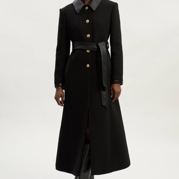 Karen Millen Women's Wool Pu Mix Belted Tailored Maxi Coat in Black | Size: 10