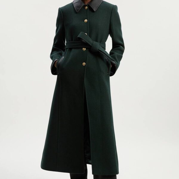 Karen Millen Women's Wool Pu Mix Belted Tailored Maxi Coat in Forest | Size: 10