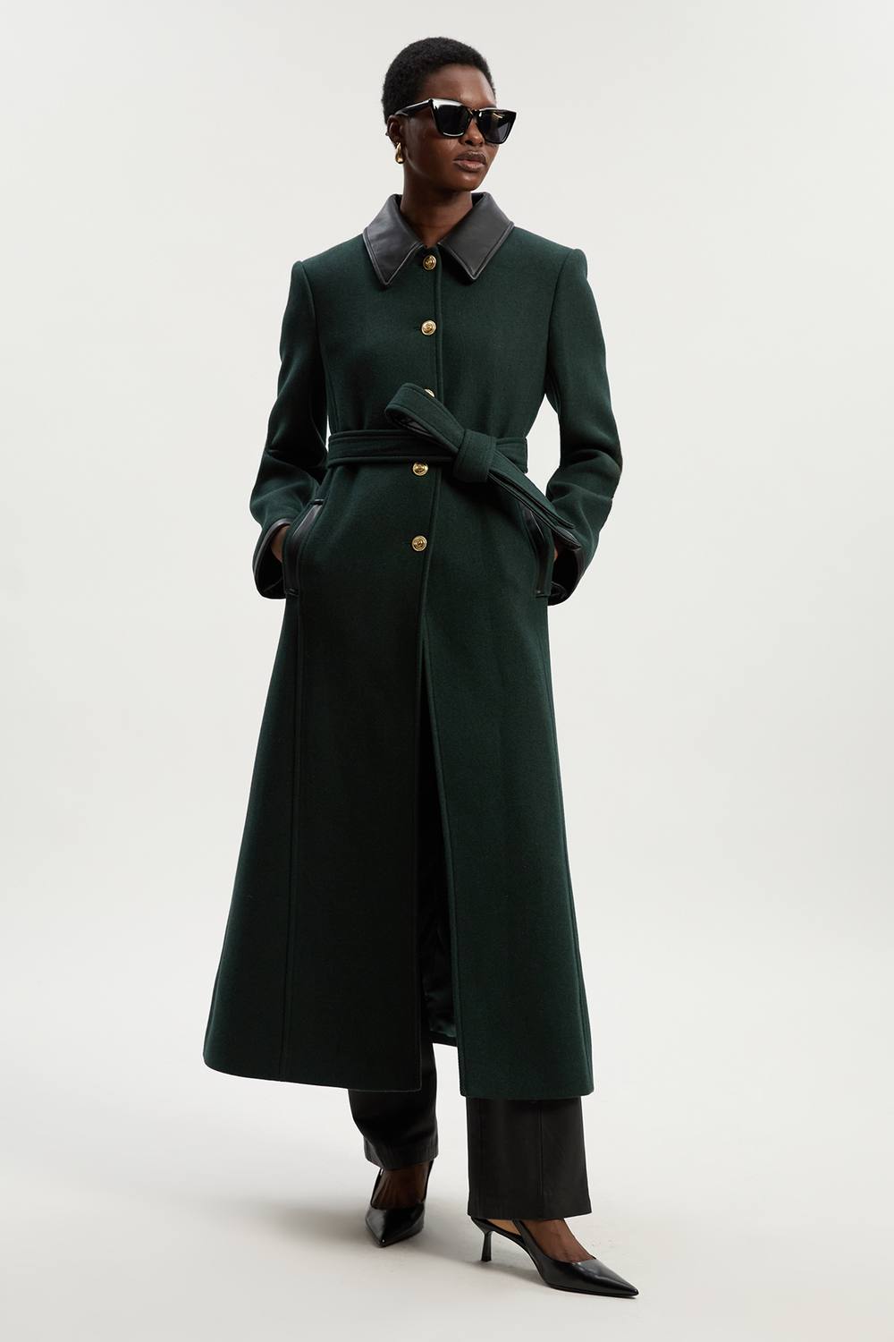 Karen Millen Women's Wool Pu Mix Belted Tailored Maxi Coat in Forest | Size: 10
