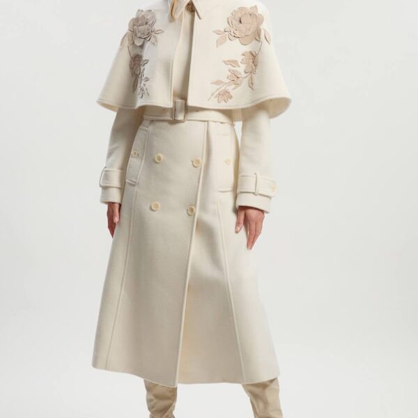 Karen Millen Women's Brushed Wool Pu Mix Placed Floral Embroidery Applique Tailored Cape Full Skirted Midi Coat in Ivory | Size: 14