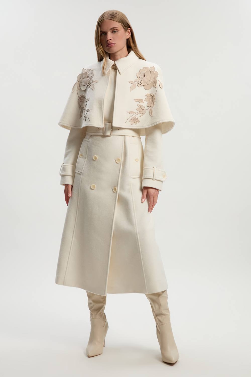 Karen Millen Women's Brushed Wool Pu Mix Placed Floral Embroidery Applique Tailored Cape Full Skirted Midi Coat in Ivory | Size: 14