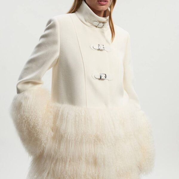 Karen Millen Women's Brushed Wool & Shearling Buckle Detail Short Tailored Coat in Ivory | Size: 12