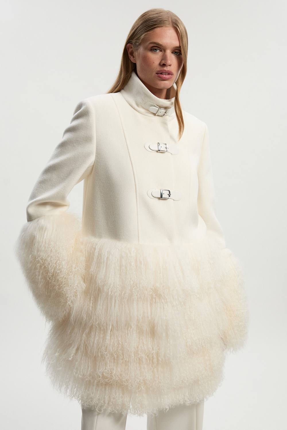 Karen Millen Women's Brushed Wool & Shearling Buckle Detail Short Tailored Coat in Ivory | Size: 12