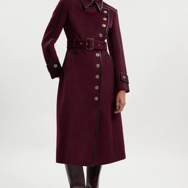 Karen Millen Women's Brushed Wool Pu Mix Gold Trim Belted Midi Coat in Burgundy | Size: 12