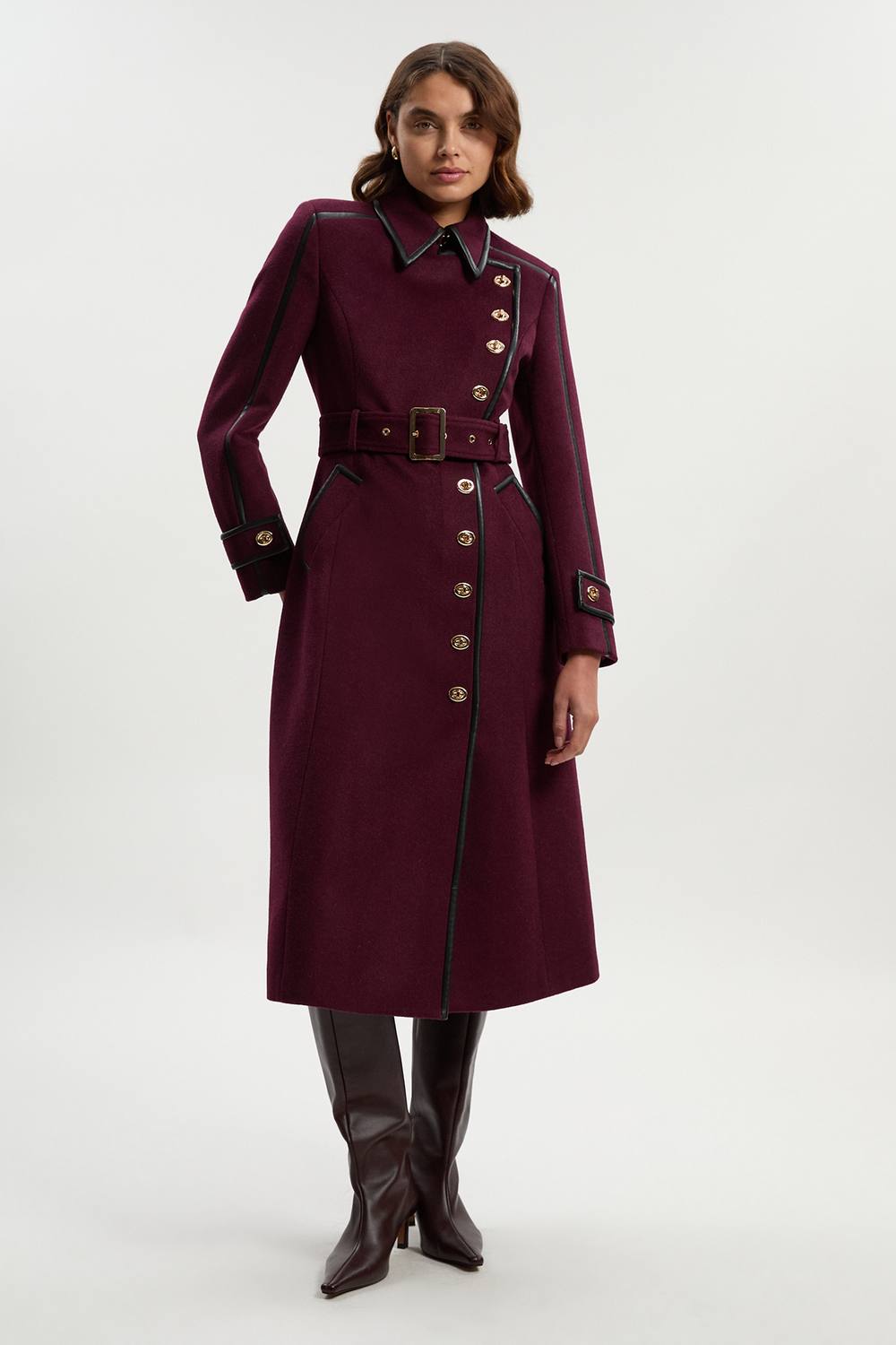 Karen Millen Women's Brushed Wool Pu Mix Gold Trim Belted Midi Coat in Burgundy | Size: 12