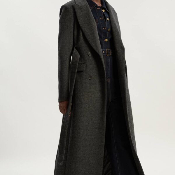 Karen Millen Women's Brushed Wool Check Double Breasted Belted Tailored Maxi Coat in Grey | Size: 16