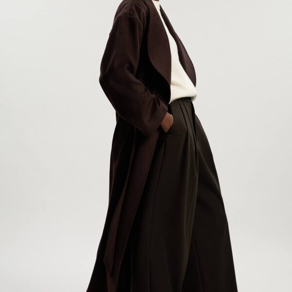 Karen Millen Women's Brushed Wool Belted Wrap Tailored Maxi Coat in Chocolate | Size: 8