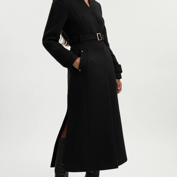 Karen Millen Women's Wool Investment Notch Neck Belted Detail Tailored Maxi Coat in Black | Size: 16