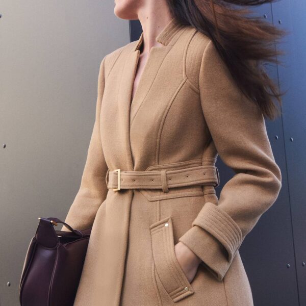 Karen Millen Women's Wool Investment Notch Neck Belted Detail Tailored Maxi Coat in Camel | Size: 12
