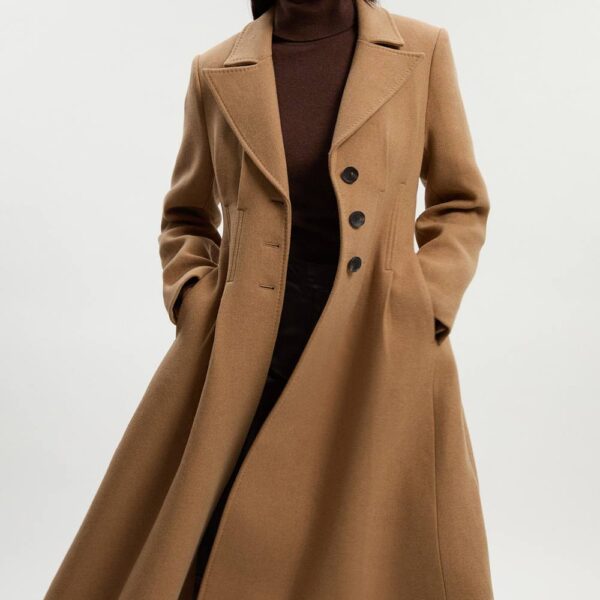 Karen Millen Women's Wool Corset Detail Full Skirted Tailored Maxi Coat in Camel | Size: 14