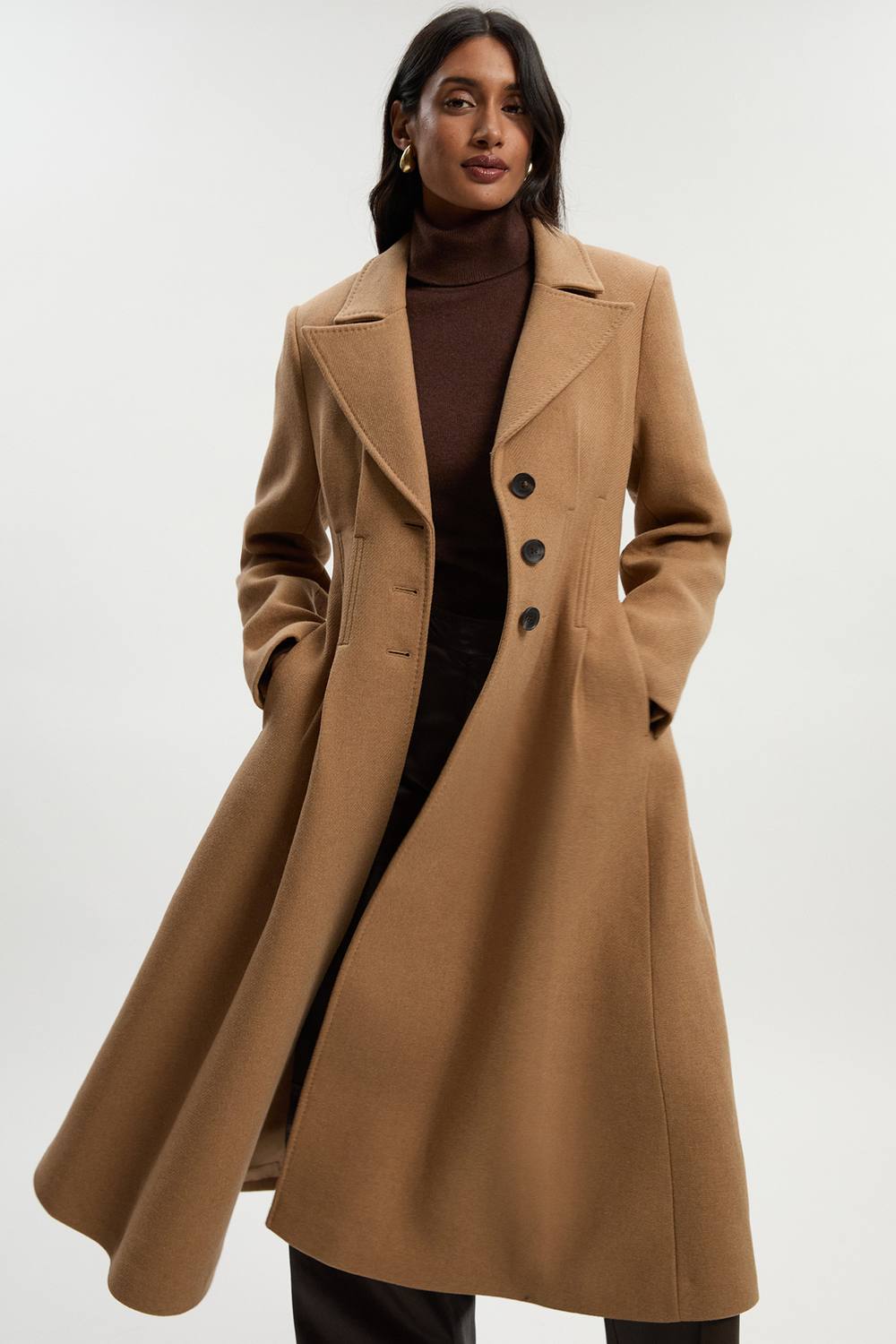 Karen Millen Women's Wool Corset Detail Full Skirted Tailored Maxi Coat in Camel | Size: 14