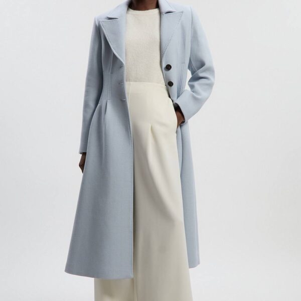 Karen Millen Women's Wool Corset Detail Full Skirted Tailored Maxi Coat in Pale Blue | Size: 12