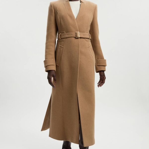 Karen Millen Women's Petite Wool Investment Notch Neck Belted Detail Tailored Maxi Coat in Camel | Size: 6