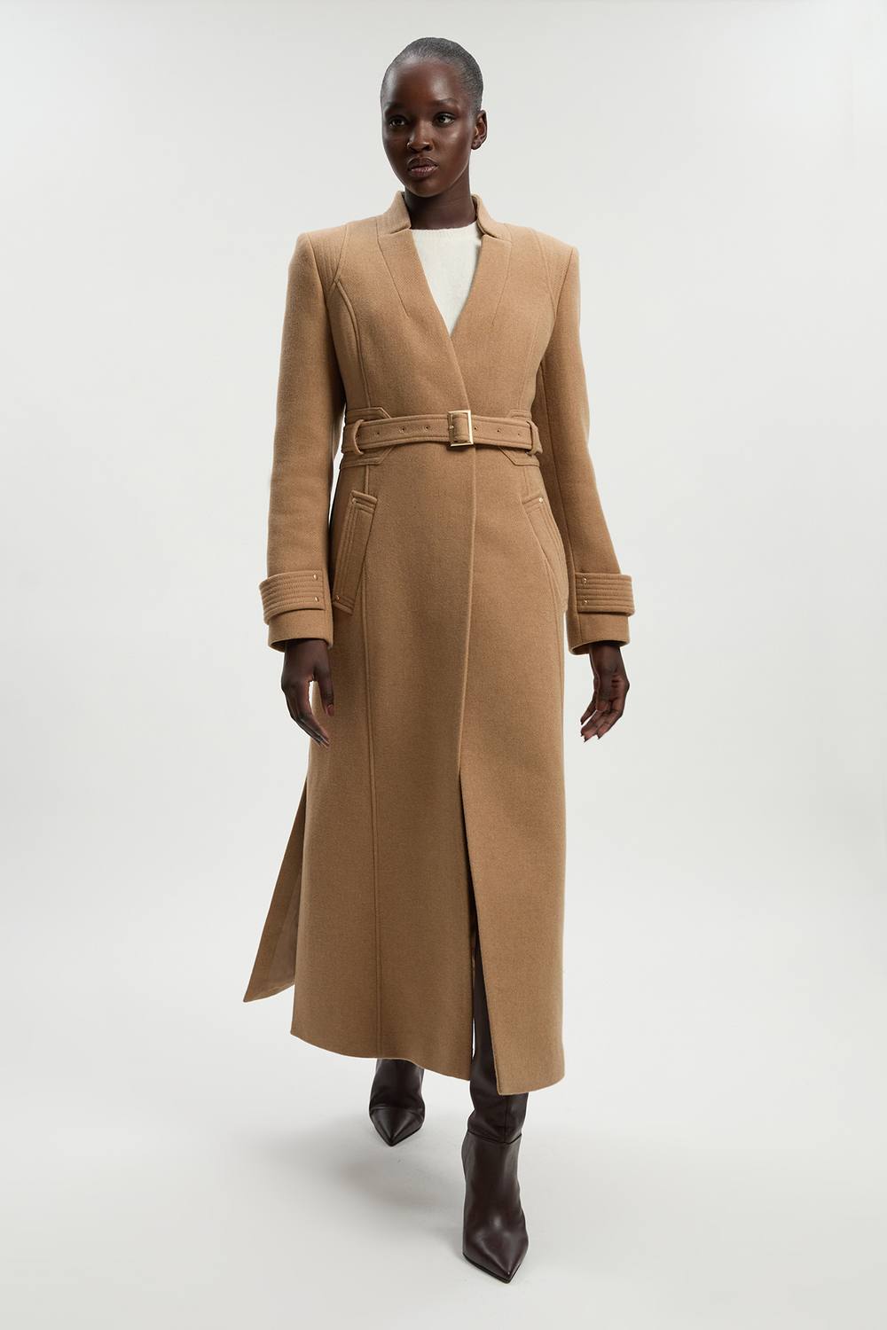Karen Millen Women's Petite Wool Investment Notch Neck Belted Detail Tailored Maxi Coat in Camel | Size: 6