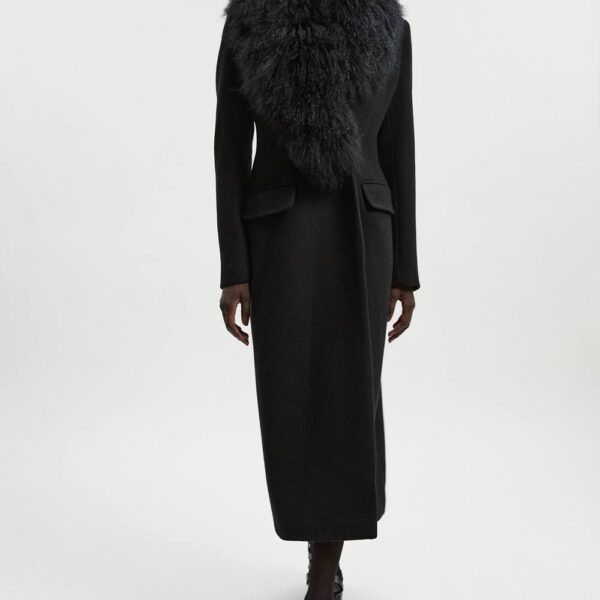 Karen Millen Women's Wool Detachable Collar Tailored Double Breasted Midi Coat in Black | Size: 12