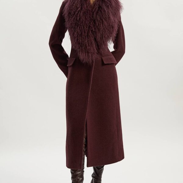 Karen Millen Women's Wool Detachable Collar Tailored Double Breasted Midi Coat in Burgundy | Size: 12