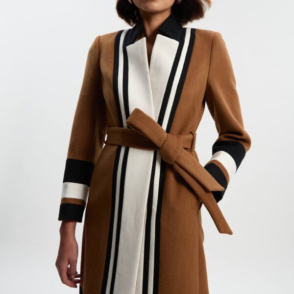 Karen Millen Women's Brushed Wool Colour Block Tailored Belted Midi Coat in Camel | Size: 10