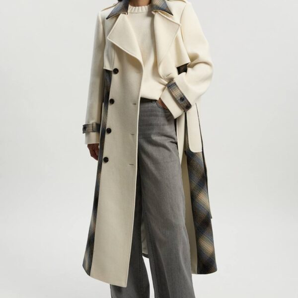 Karen Millen Women's Wool Check Tailored Belted Trench Midi Coat in Ivory | Size: 12