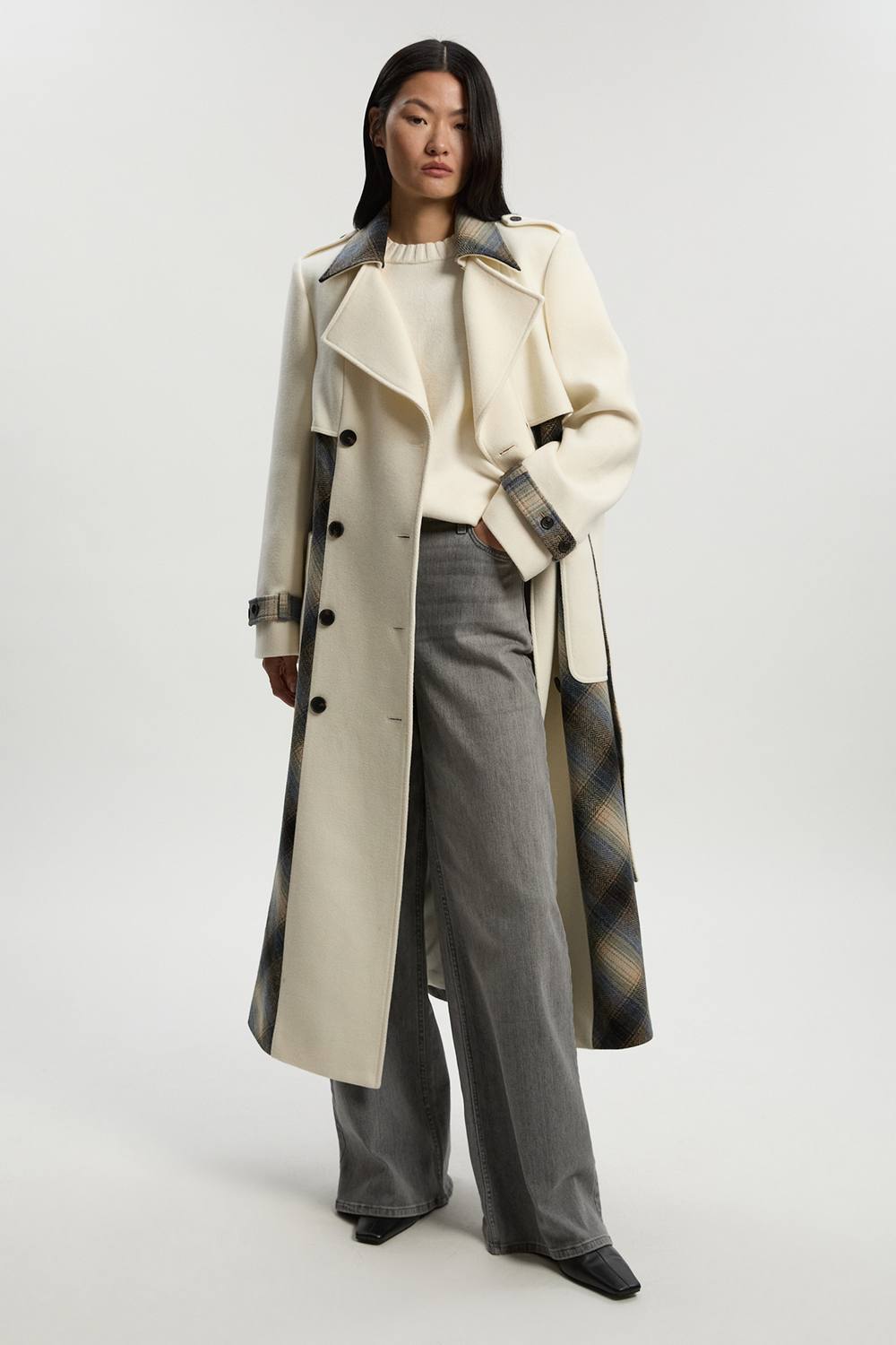 Karen Millen Women's Wool Check Tailored Belted Trench Midi Coat in Ivory | Size: 12