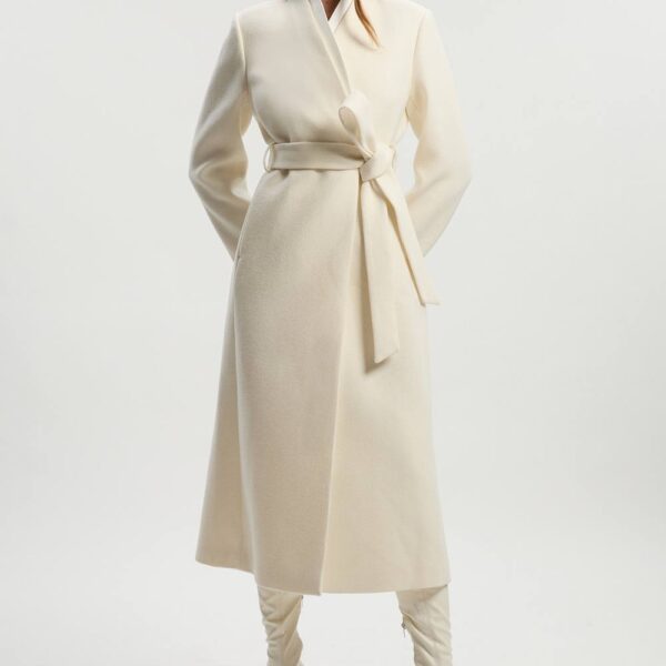 Karen Millen Women's Brushed Wool Satin Mix Belted Wrap Neck Tailored Midi Coat in Ivory | Size: 12