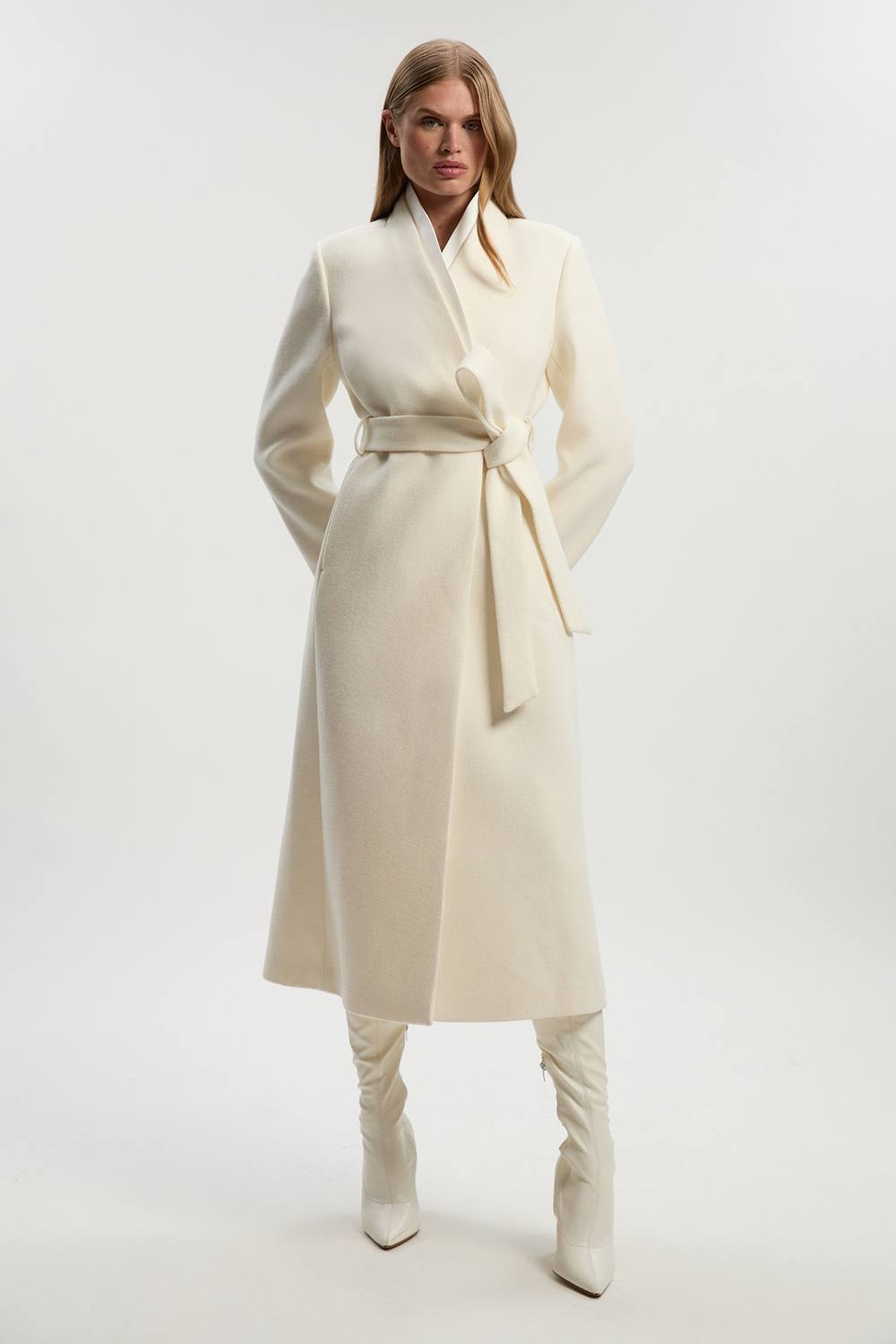 Karen Millen Women's Brushed Wool Satin Mix Belted Wrap Neck Tailored Midi Coat in Ivory | Size: 12