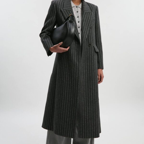 Karen Millen Women's Tall Wool Pinstripe Oversized Double Breasted Tailored Maxi Coat in Grey | Size: 14