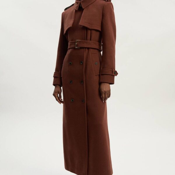Karen Millen Women's Wool Pu Mix Tailored Belted Trench Maxi Coat in Toffee | Size: 16