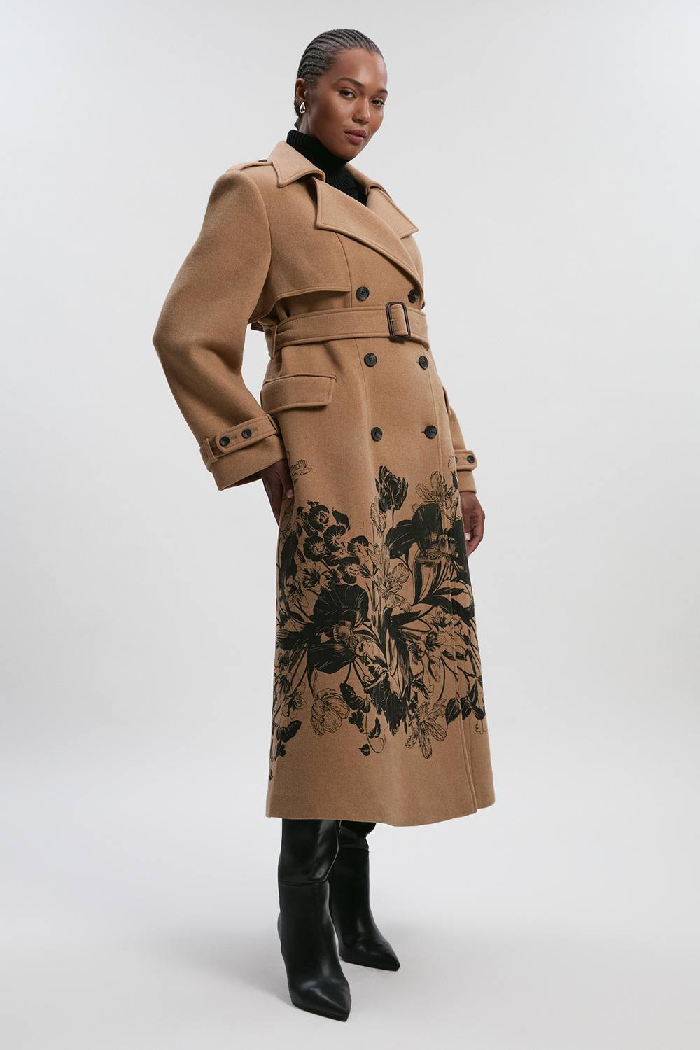 Karen Millen Women's Plus size Wool Placement Print Tailored Double Breasted Belted Midi Coat in Camel | Size: 20