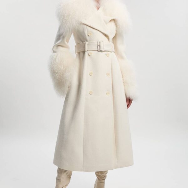 Karen Millen Women's Brushed Wool & Shearling Tailored Double Breasted Belted Midi Coat in Ivory | Size: 14