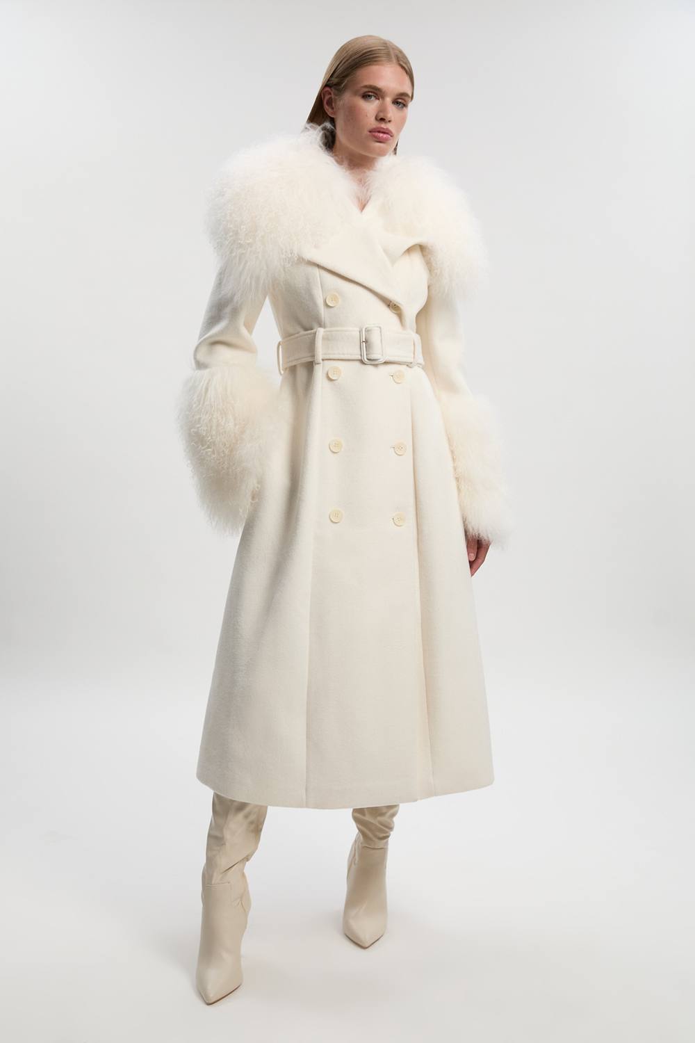 Karen Millen Women's Brushed Wool & Shearling Tailored Double Breasted Belted Midi Coat in Ivory | Size: 14