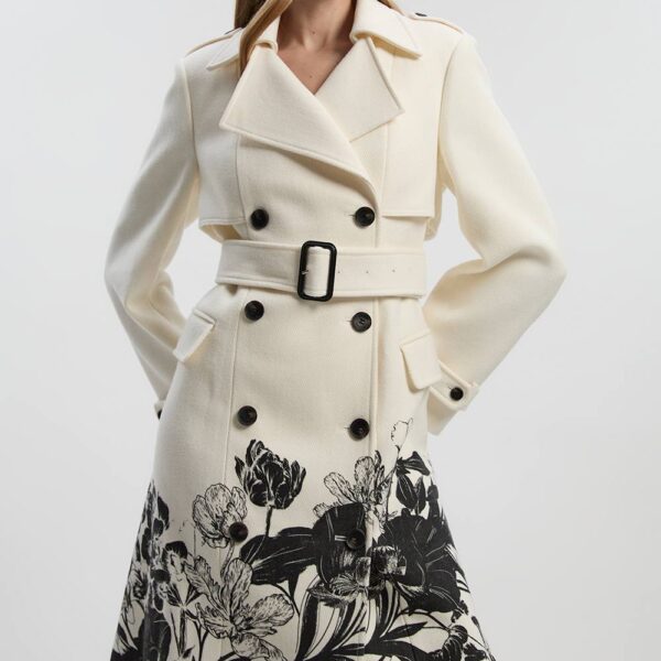 Karen Millen Women's Petite Wool Placement Print Tailored Double Breasted Belted Midi Coat in Ivory | Size: 6