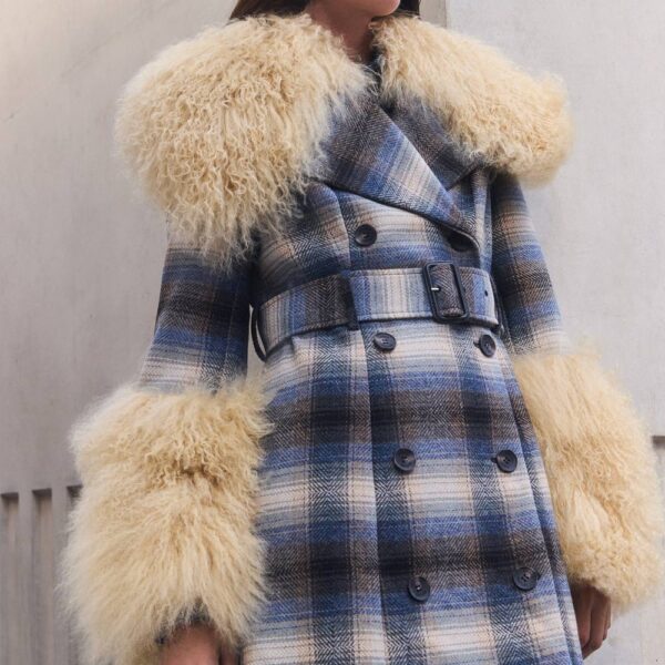 Karen Millen Women's Wool & Shearling Check Tailored Double Breasted Belted Midi Coat | Size: 12
