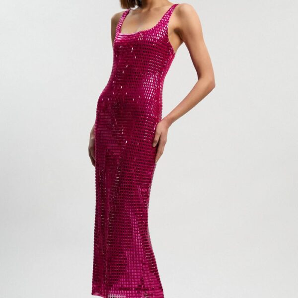 Karen Millen Women's Premium Crystal Embellished Midi Dress in Hot Pink | Size: XS