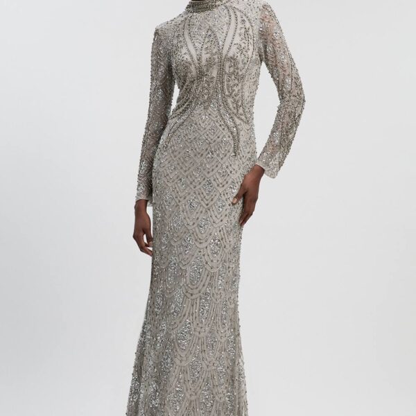 Karen Millen Women's Crystal Embellished Long Sleeve Woven Maxi Dress in Gun Metal | Size: 12