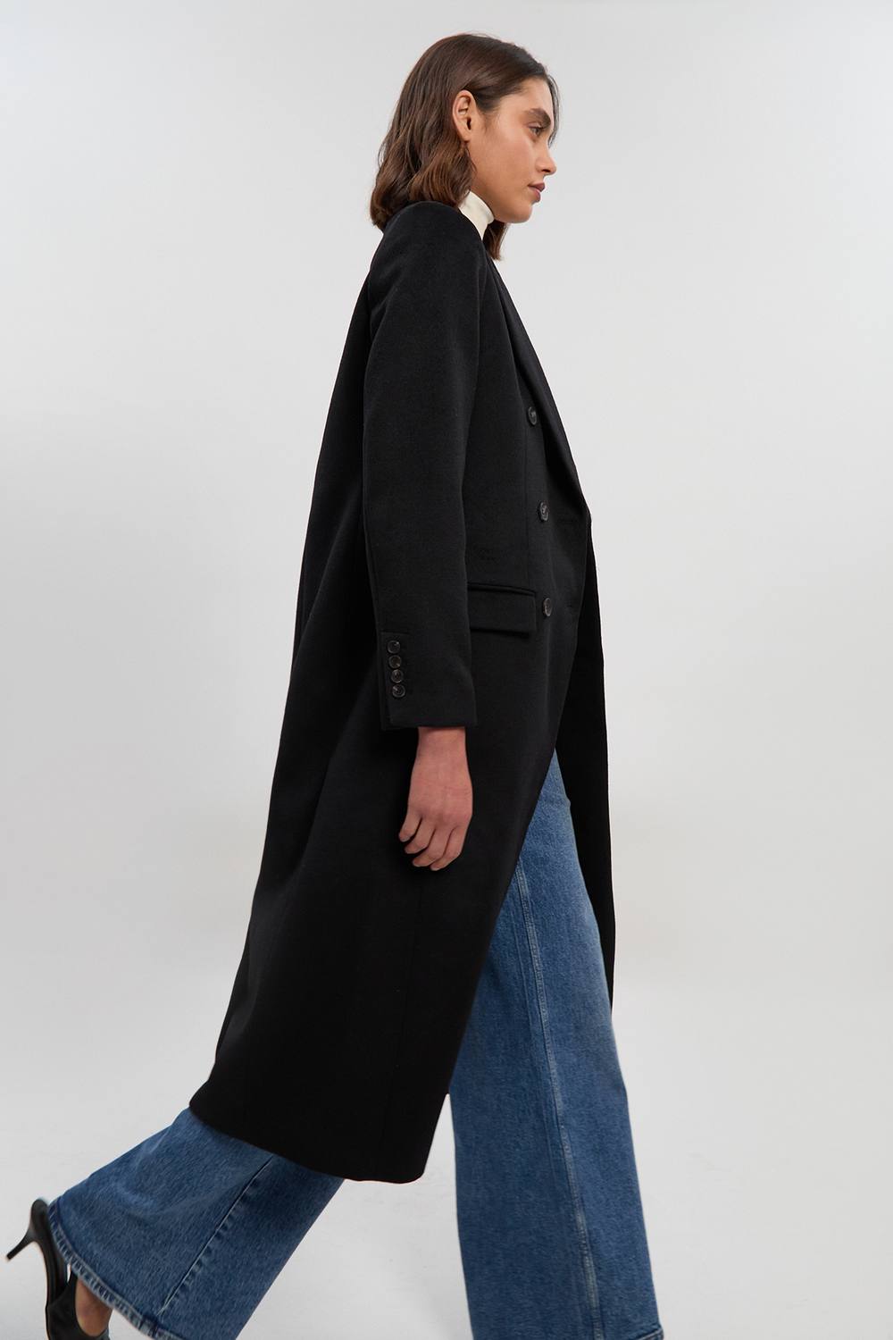Karen Millen Women's Brushed Wool Double Breasted Tailored Midi Coat in Black | Size: 16