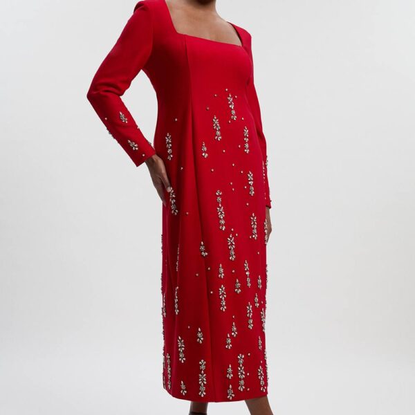 Karen Millen Women's Plus Size Crystal Embellished Scuba Crepe Bandeau Midi Dress in Dark Red | Size: 24