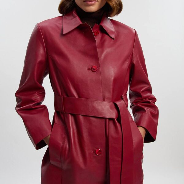 Karen Millen Women's Leather Collared Belted Trench Coat in Red | Size: 12