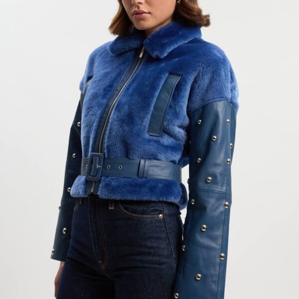 Karen Millen Women's Shearling & Leather Mix Studded Biker Jacket in Pale Blue | Size: 14