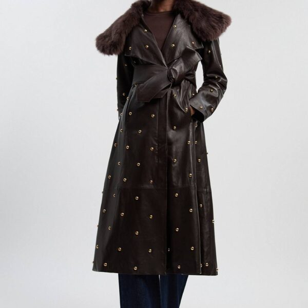 Karen Millen Women's Leather & Shearling Collar Studded Belted Maxi Coat in Chocolate | Size: 8