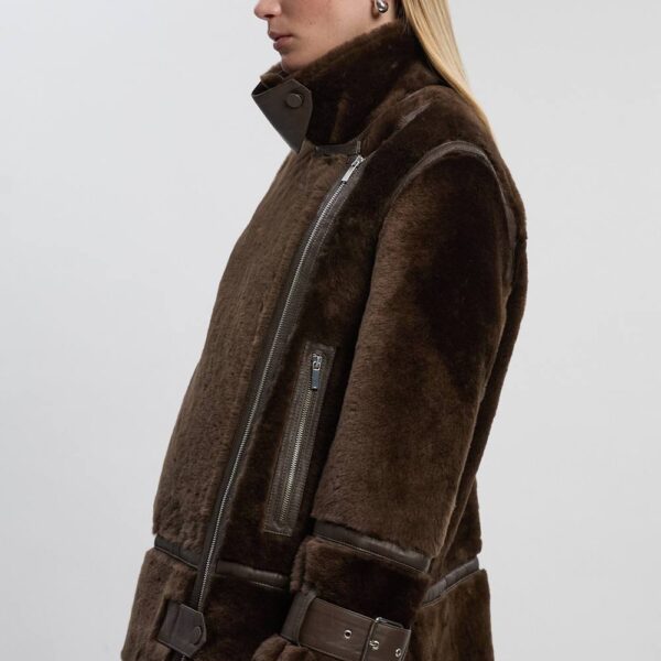 Karen Millen Women's Shearling & Leather Tipped High Neck Coat in Olive | Size: 16
