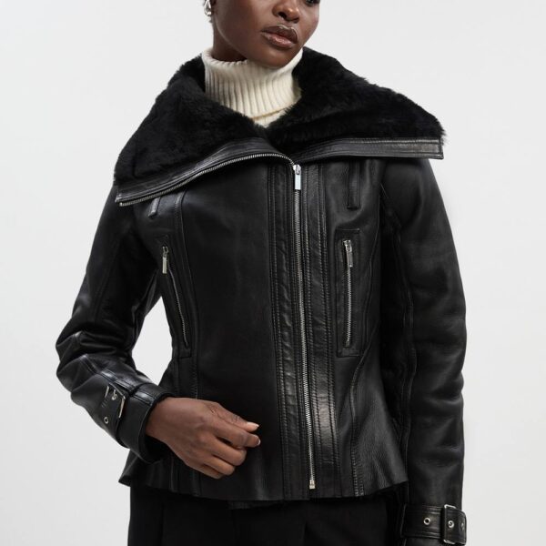Karen Millen Women's Shearling High Low Jacket in Black | Size: 16