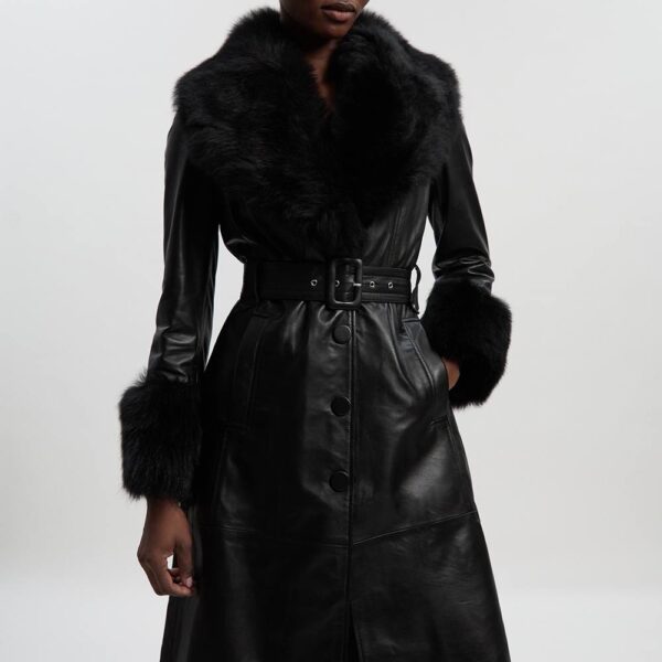 Karen Millen Women's Shearling Cuff & Collar Leather Coat in Black | Size: 10