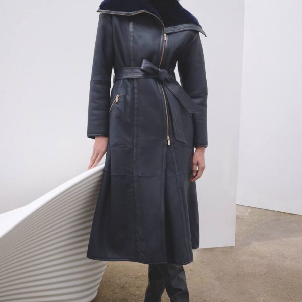 Karen Millen Women's Reversible Shearling & Leather High Collar Maxi Coat in Ink | Size: 8