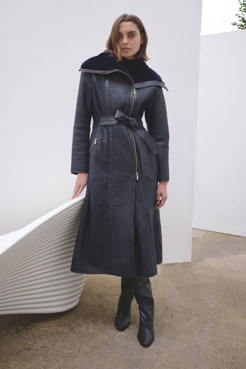 Karen Millen Women's Reversible Shearling & Leather High Collar Maxi Coat in Ink | Size: 8