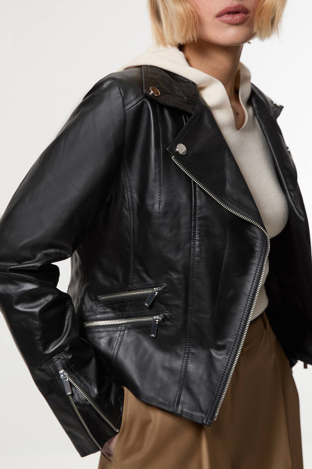 Karen Millen Women's Forever Leather Signature Biker Jacket in Black | Size: 6